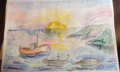 Kath, coastal boat scene, watercolour.